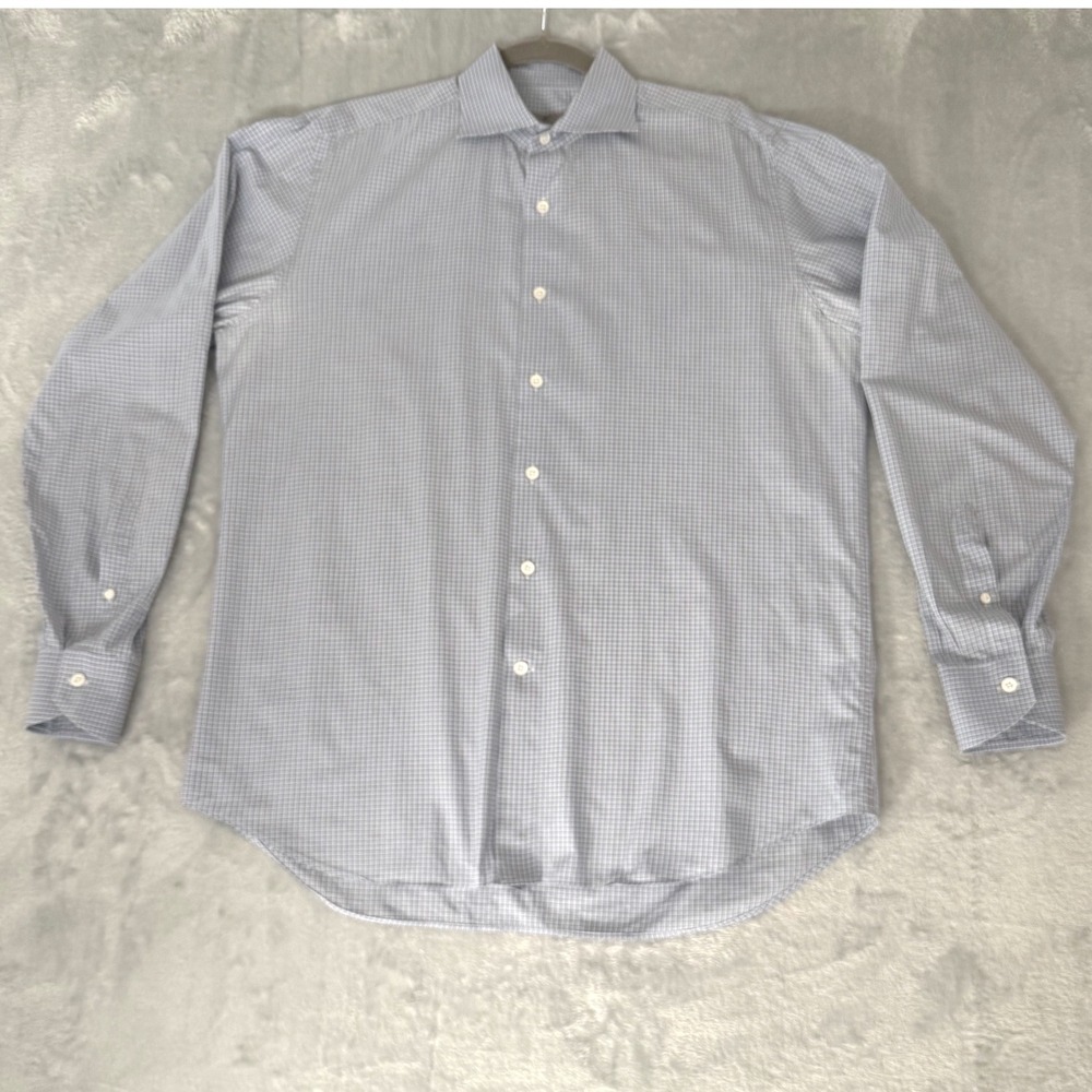 Canali Men's Dress Shirt 100% Cotton Made in Italy Blue Brown‎ Check Long Sleeve